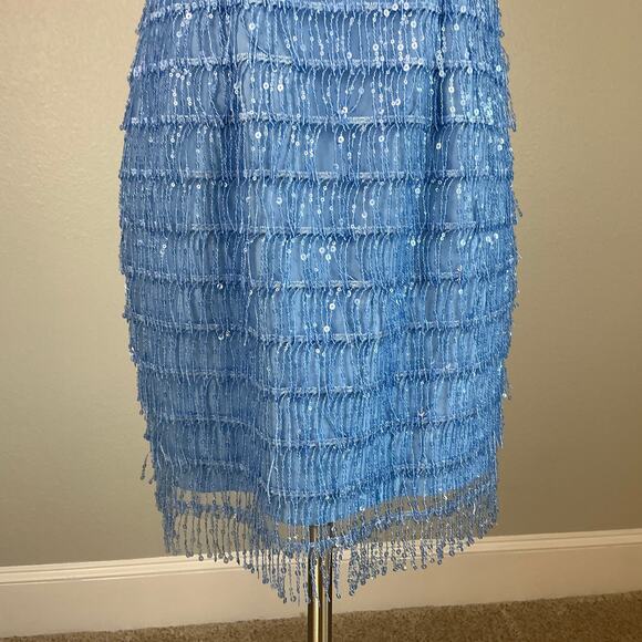 Aidan Mattox Sequined Fringe Mini Sheath Cocktail Dress Blue Size 6 Sleeveless - Picture 8 of 14